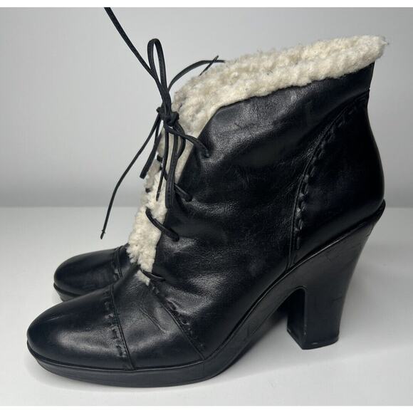 Aerosoles Envision Ankle Bootie Women's 11M Black Leather Faux Fur Trim Lace Up - Picture 3 of 10